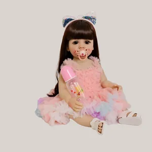 55cm realistic reborn baby doll Betty with brown hair and pink lace dress outfit