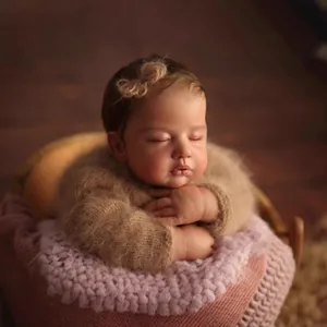 Realistic 19 inch newborn reborn baby doll in brown plush sweater resting in a basket