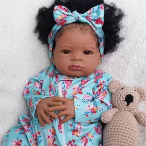 Realistic Reborn Baby Doll Dark Skin African Girl Soft Silicone Cotton Body Floral Romper Outfit Hand Rooted Hair Toy