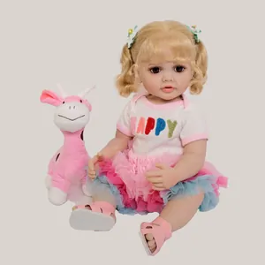 Realistic Reborn Baby Doll Betty Full Silicone Body Blonde Curly Hair Girl Doll With Happy T-Shirt Tutu Skirt And Giraffe Plush Toy