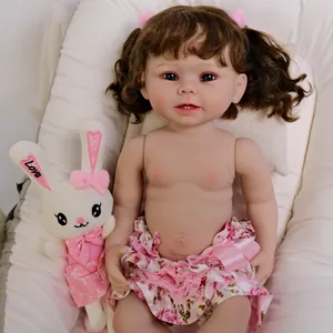 55cm lifelike reborn baby doll Bonnie with curly brown hair and pink floral lace dress