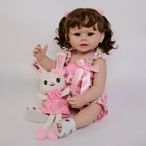 Realistic 55cm Reborn Baby Doll Full Silicone Vinyl Body Girl With Pink Floral Dress Bunny Plush Toy Kids Gift