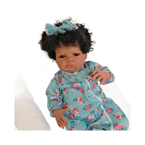 19-inch realistic deep skin reborn baby doll Lanny in floral blue romper and headband