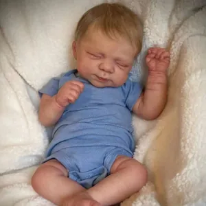 Realistic 19 Inch Reborn Baby Doll Soft Cloth Body Sleeping Newborn Doll With Blue Romper Hand Rooted Hair For Kids Gift
