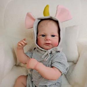 Realistic 18-inch reborn baby doll in striped bodysuit and grey unicorn hood