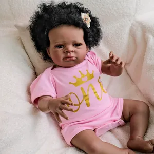 Realistic Reborn Baby Doll Dark Skin Tone Vinyl Pink Romper Crown Print Hand Rooted Hair Kids Toy For Birthday Gift