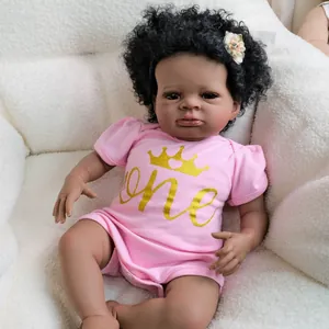 Realistic 19 inch black baby reborn doll with curly hair in a pink crown bodysuit