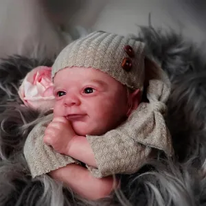 Realistic Reborn Baby Doll Life Like Vinyl Limbs Soft Cloth Body Simulation Newborn Toy With Grey Waffle Knit Clothing Set And Hat