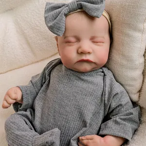 Realistic Reborn Baby Doll With Vinyl Limbs And Cloth Body Sleeping Newborn Baby Toy In Grey Ribbed Romper And Bow Headband Set