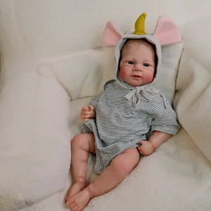 Realistic Silicone Reborn Doll Hand Painted Newborn Baby With Blue Eyes And Unicorn Striped Romper Hood For Kids Gift