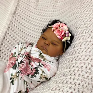 Realistic 19 inch dark skin newborn baby reborn doll in pink floral swaddle blanket