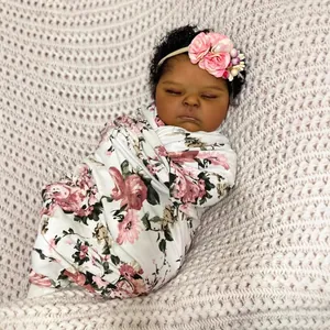 Lifelike Reborn Baby Doll Full Silicone Body Sleeping Newborn African American Hand Painted Doll Floral Swaddle Toy