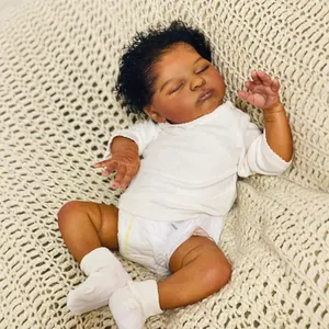 Realistic Reborn Baby Doll Newborn Life Like Simulation Doll With White Romper Dark Skin Curly Hair Cloth Body For Kids Gift