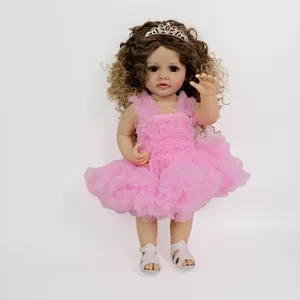 55cm lifelike reborn baby girl doll in pink lace dress with a silver rhinestone crown