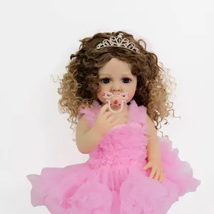 55cm lifelike reborn baby doll with curly brown hair, pink tutu dress and silver crown