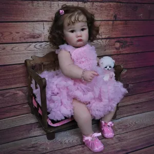 Realistic Reborn Toddler Girl Doll Vinyl Soft Cloth Body Lifelike Handmade Baby Doll With Pink Lace Dress Jewelry Hair Clips