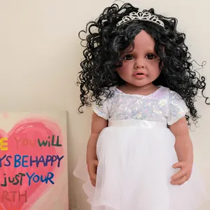 Poupée reborn noire de 22 pouces en robe de princesse à paillettes blanches avec couronne