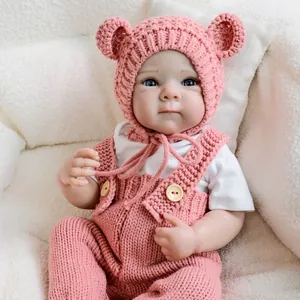 Realistic Silicone Reborn Baby Doll With Pink Knitted Suspenders Overalls Ear Hat And White T-Shirt Simulation Newborn Doll For Kids Toy Gift