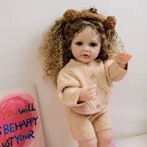 Realistic Reborn Baby Doll Soft Silicone Vinyl Full Body With Apricot Knit Sweater Set And Bear Ear Headband For Kids Gift