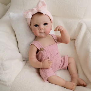 Poupée Bébé Reborn Réaliste 19 Pouces Corps Entier en Vinyle Silicone Imperméable Peint à la Main Fille Avec Barboteuse Rose Cadeau