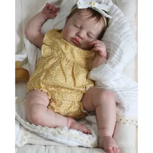 Realistic Reborn Baby Doll Sleeping Infant Toy Soft Vinyl Silicone Body Yellow Floral Ruffle Romper Outfit Hand Rooted Hair For Girls Gift