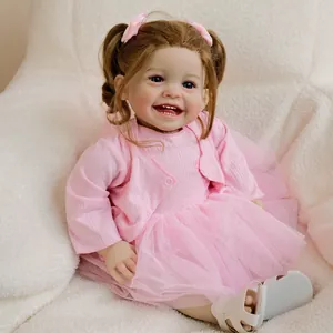 20 Zoll Mila Reborn Babypuppe mit braunem Haar, rosa Strickjacke und Tüllkleid