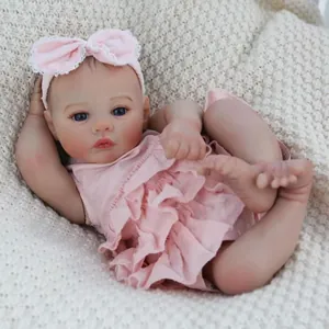 Poupée Bébé Reborn Réaliste en Vinyle Silicone Nouveau-Né Fille Avec Robe Rose à Volants Bandeau Pour Cadeau Enfants