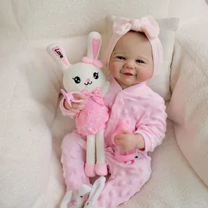 Realistic Reborn Baby Doll Vinyl Body Life Size Newborn Girl Doll With Pink Rabbit Romper Headband Plush Toy Doll Gift