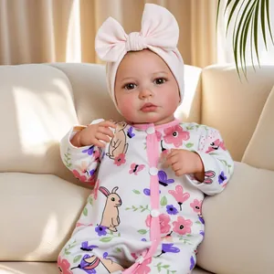 18 Inch Lifelike Reborn Baby Doll Realistic Newborn Simulation Toy With Floral Jumpsuit And Pink Bow Headband Kids Gift
