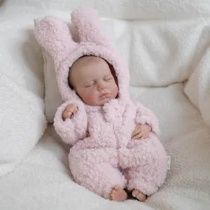 Poupée Reborn Réaliste en Vinyle Corps Complet Fille Endormie Avec Grenouillère en Peluche Rose Lapin Cadeau pour Enfants