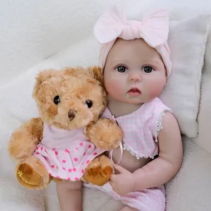 Realistic Reborn Baby Doll Full Silicone Body Washable Pink Plaid Outfit With Plush Toy Bear Cute Simulation Doll Gift