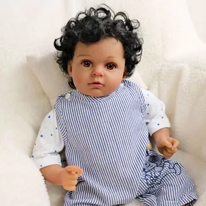 20-inch Reborn doll with curly black hair, dark skin, and blue striped overalls