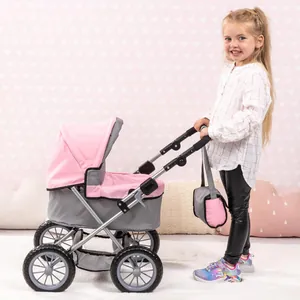 Puppenwagen-Set in Rosa und Grau mit Einkaufskorb und passender Schultertasche für Mädchen