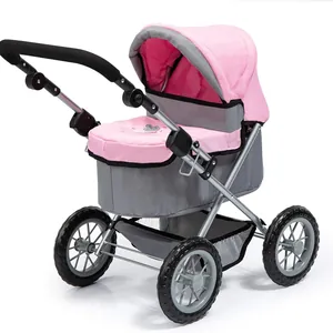 Puppenwagen in Rosa und Grau mit Schmetterlingsmuster und verstellbarem Verdeck
