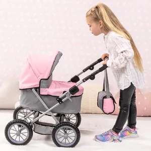 Puppenwagen in Pink und Grau mit Verdeck, Korb und passender Tasche für Kinder spiel