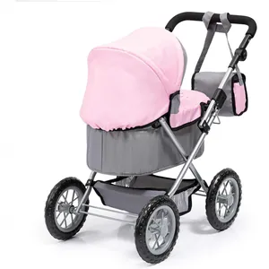 Puppenwagen in Pink und Grau mit verstellbarem Verdeck, Korb und passender Tasche