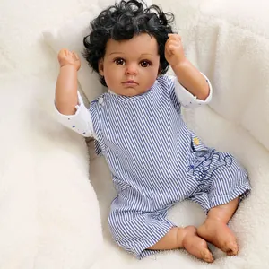 Realistic African American Reborn Baby Doll Vinyl Cloth Body Handcrafted Curly Hair Toy Gift For Toddlers Home Decor