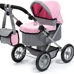 Rosa Grau Spielzeug-Puppenwagen Mit Verstellbarem Verdeck Aufbewahrungskorb Und Passender Schultertasche Für Mädchen Rollenspiel