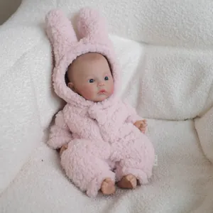 12-inch realistic reborn baby doll in a soft pink plush rabbit onesie with hood