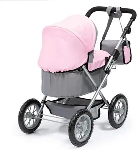 Detail eines Puppenwagens mit rosa Verdeck und grauem Metallgestell in Nahaufnahme