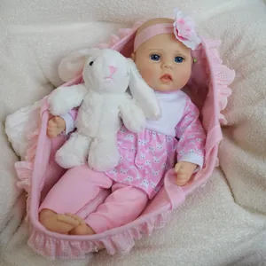 Poupée Reborn réaliste de 16 pouces en couffin rose avec peluche lapin et bandeau
