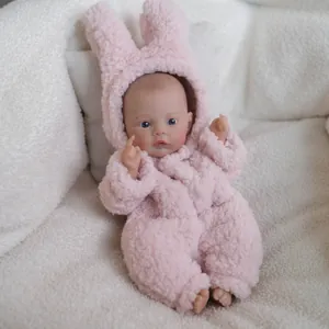 Realistic Reborn Baby Doll Pink Plush Rabbit Onesie Soft Vinyl Body Hand Painted Hair Lifelike Newborn Girl Doll Gift