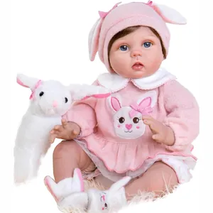 Poupée Reborn Réaliste Tenue Lapin Rose Corps en Tissu Membres en Vinyle Fait Main Nouveau-Né Poupée Jouet Cadeau
