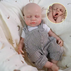 Realistic Reborn Baby Doll Full Solid Silicone Sleeping Boy Doll With White T-Shirt And Striped Overalls Lifelike Newborn Toy For Kids Gift