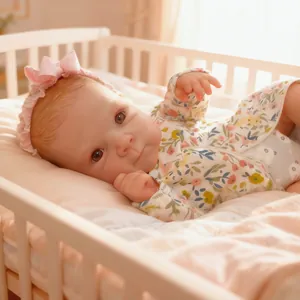 Realistic 19-inch reborn baby doll in floral romper lying in white wooden crib