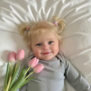 Realistic 20-inch Reborn Maddie doll with blonde braids in a grey long-sleeve bodysuit
