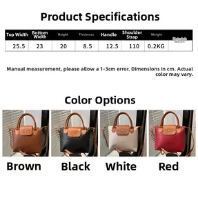 Detailed size chart and product specifications for the woven texture fashion handbag