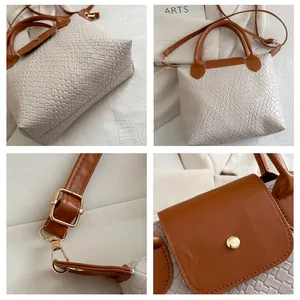 Detailed views of woven PU leather tote with brown strap and gold magnetic clasp