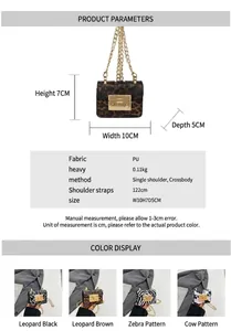 Detailed size specifications for animal print mini crossbody bags with gold chain