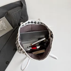 Internal view of a checkerboard tote bag showcasing its large capacity and storage details